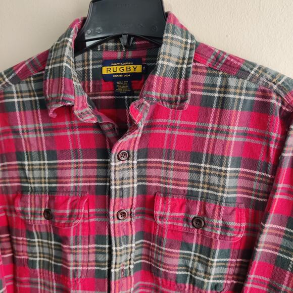 Ralph Lauren Rugby Shirt Mens Medium Button Up Flannel Long Sleeve Red Green - Picture 2 of 8